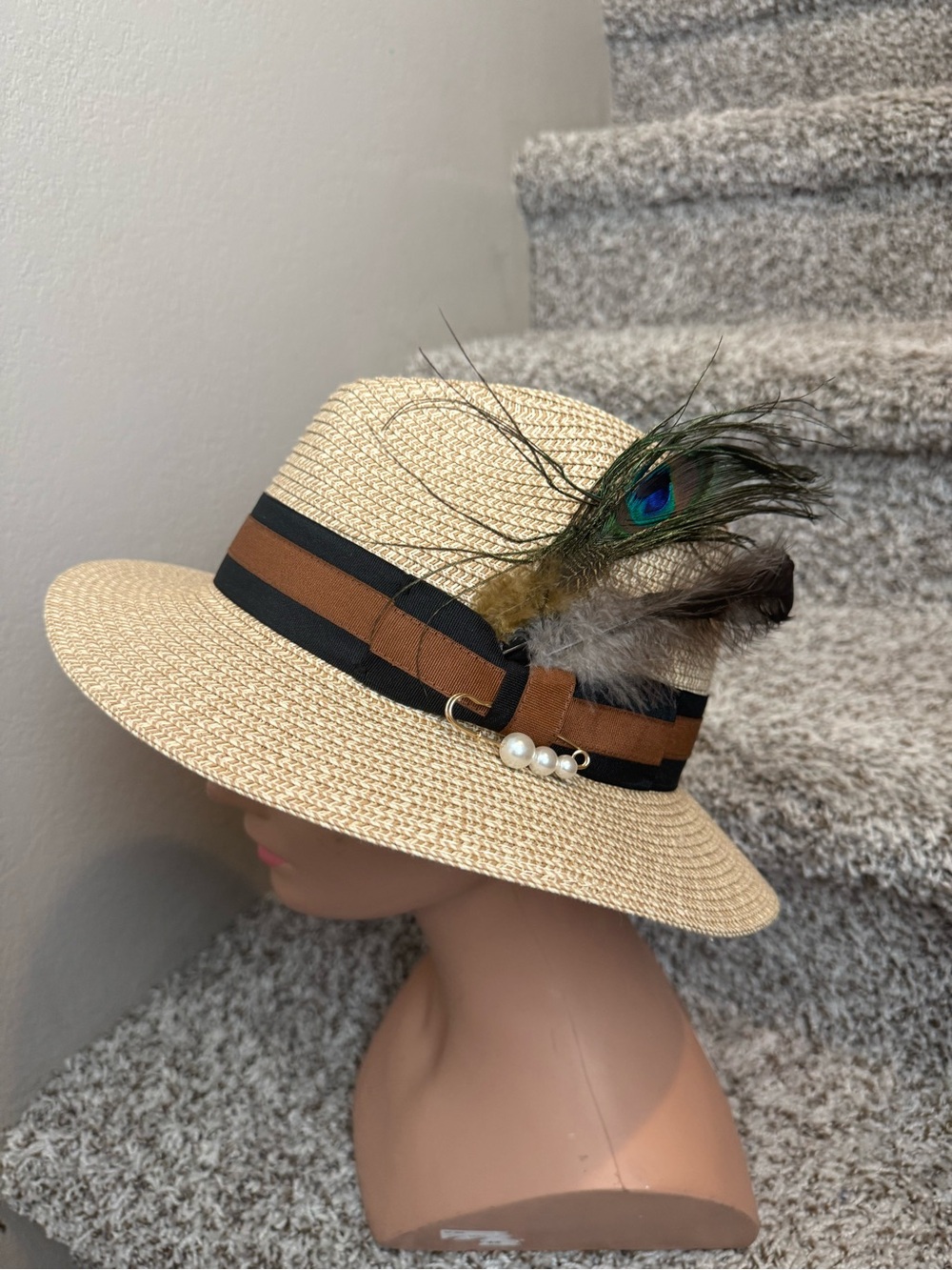 Straw Fedora Hat with Black & Brown Band and Peacock Feather